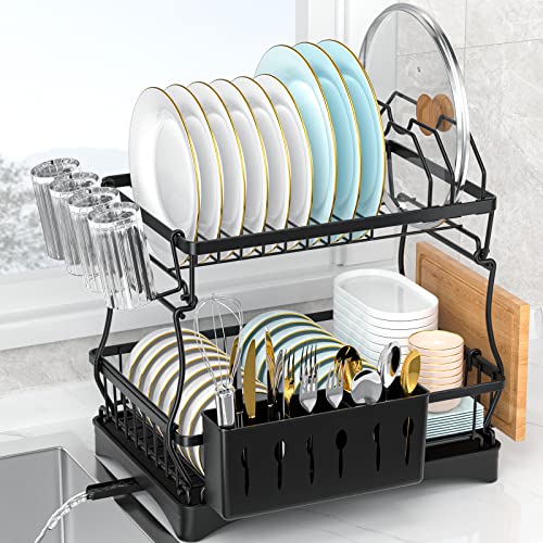 Dish Drying Rack, 2-Tier Dish Drying Rack with Drainboard Set, Black Metal Dish Rack Plate Rack for Kitchen Counter, Dish Drainer with Utensil & Cutlery Holder - Space-Saving Organizer for Countertop