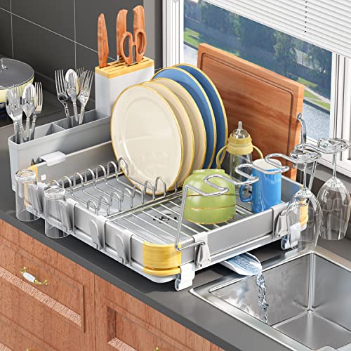 HERJOY Dish Drying Rack for Kitchen Counter, Aluminium Dish Racks Organizer Shelf with Drainboard, Large Dish Drainer Rack with Cup Rack Anti-Rust Kitchen Dish Rack Dryer Shelf for Plate with Utensil