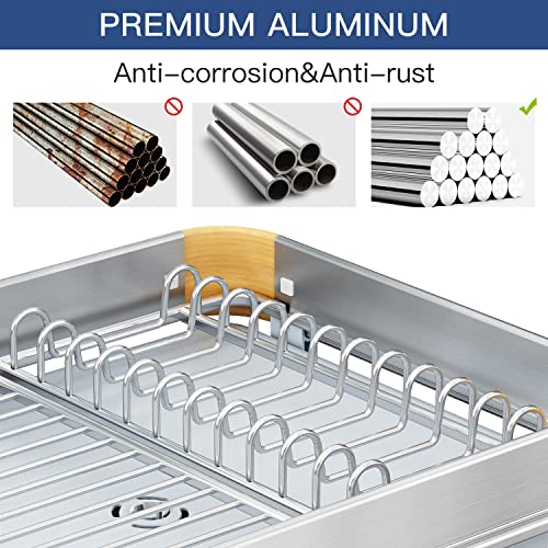 HERJOY Dish Drying Rack for Kitchen Counter, Aluminium Dish Racks Organizer Shelf with Drainboard, Large Dish Drainer Rack with Cup Rack Anti-Rust Kitchen Dish Rack Dryer Shelf for Plate with Utensil