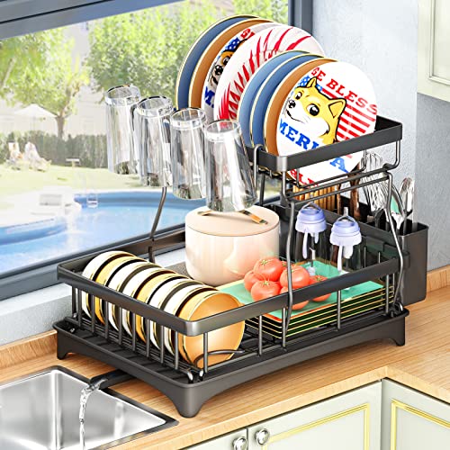 PXRACK Dish Drying Rack: Rrustproof Large 2 Tier Dish Rack - Easy to Install Dish Racks for Kitchen Counter - Space-Saving Dish Drainers for Plate Utensil Cup Dish Drying Rack with Drainboard