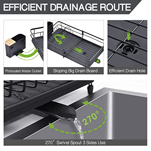 TOOLF Expandable Dish Drying Rack, Adjustable Dish Rack, Foldable Dish Drying Rack with Removable Cutlery Holder Swivel Drainage Spout, Anti-Rust Plate Rack for Kitchen, 1 Piece, Black