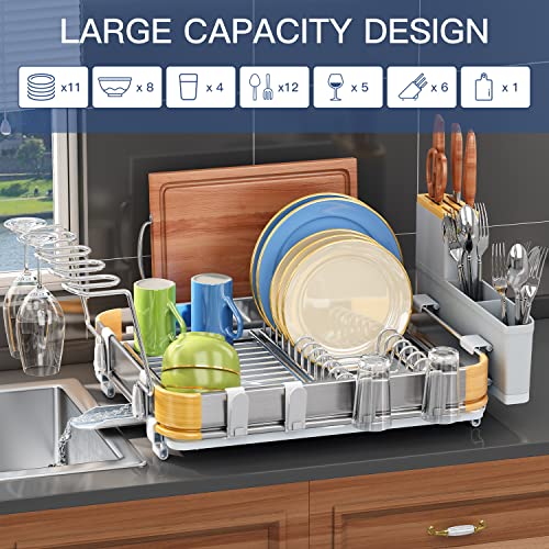 HERJOY Dish Drying Rack for Kitchen Counter, Aluminium Dish Racks Organizer Shelf with Drainboard, Large Dish Drainer Rack with Cup Rack Anti-Rust Kitchen Dish Rack Dryer Shelf for Plate with Utensil