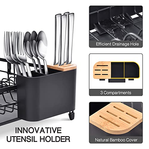TOOLF Expandable Dish Drying Rack, Adjustable Dish Rack, Foldable Dish Drying Rack with Removable Cutlery Holder Swivel Drainage Spout, Anti-Rust Plate Rack for Kitchen, 1 Piece, Black