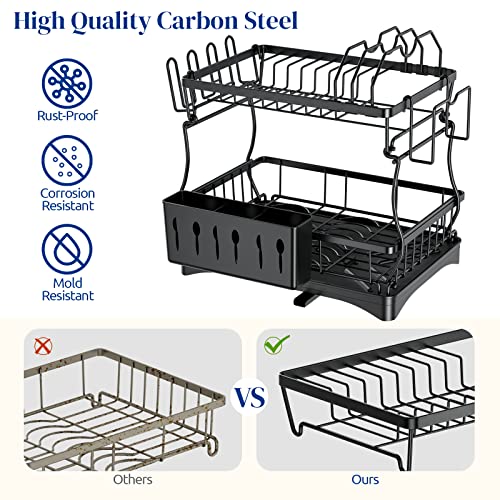 Dish Drying Rack, 2-Tier Dish Drying Rack with Drainboard Set, Black Metal Dish Rack Plate Rack for Kitchen Counter, Dish Drainer with Utensil & Cutlery Holder - Space-Saving Organizer for Countertop