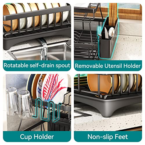 PXRACK Dish Drying Rack: Rrustproof Large 2 Tier Dish Rack - Easy to Install Dish Racks for Kitchen Counter - Space-Saving Dish Drainers for Plate Utensil Cup Dish Drying Rack with Drainboard