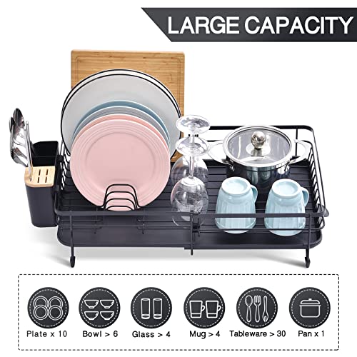 TOOLF Expandable Dish Drying Rack, Adjustable Dish Rack, Foldable Dish Drying Rack with Removable Cutlery Holder Swivel Drainage Spout, Anti-Rust Plate Rack for Kitchen, 1 Piece, Black