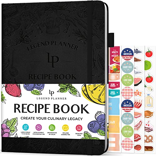 Legend Recipe Book – Blank Family Cookbook to Write In Your Own Recipes – Empty Cooking Journal – Personalized Cooking Notebook, Hardcover, Large 7”x10” Format, 58 Recipes Total (Black)