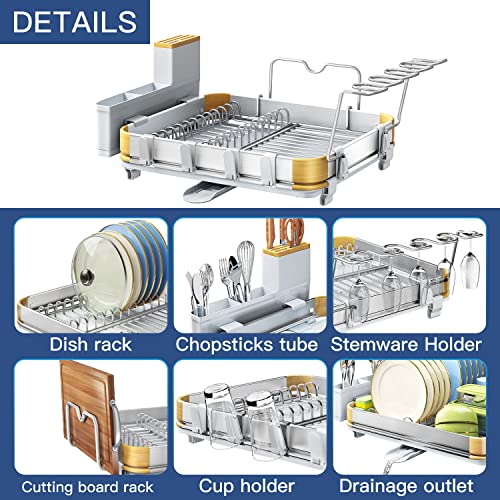HERJOY Dish Drying Rack for Kitchen Counter, Aluminium Dish Racks Organizer Shelf with Drainboard, Large Dish Drainer Rack with Cup Rack Anti-Rust Kitchen Dish Rack Dryer Shelf for Plate with Utensil