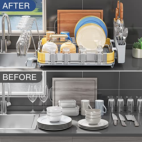 HERJOY Dish Drying Rack for Kitchen Counter, Aluminium Dish Racks Organizer Shelf with Drainboard, Large Dish Drainer Rack with Cup Rack Anti-Rust Kitchen Dish Rack Dryer Shelf for Plate with Utensil