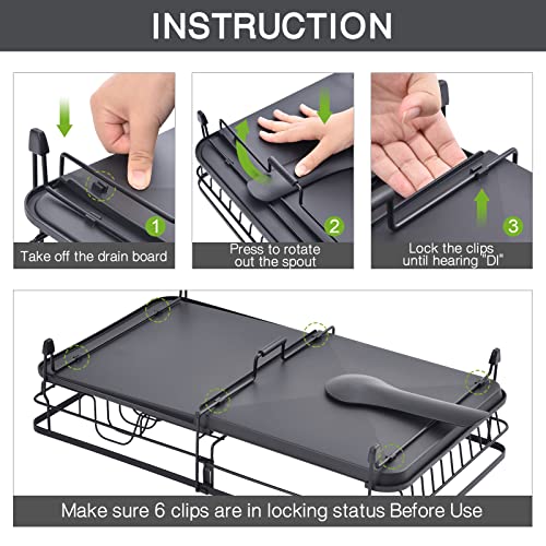 TOOLF Expandable Dish Drying Rack, Adjustable Dish Rack, Foldable Dish Drying Rack with Removable Cutlery Holder Swivel Drainage Spout, Anti-Rust Plate Rack for Kitchen, 1 Piece, Black