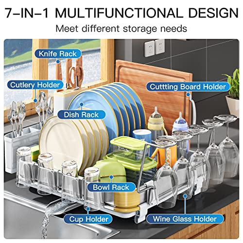 HERJOY Dish Drying Rack for Kitchen Counter, Aluminium Dish Racks Organizer Shelf with Drainboard, Large Dish Drainer Rack with Cup Rack Anti-Rust Kitchen Dish Rack Dryer Shelf for Plate with Utensil