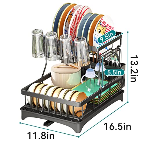 PXRACK Dish Drying Rack: Rrustproof Large 2 Tier Dish Rack - Easy to Install Dish Racks for Kitchen Counter - Space-Saving Dish Drainers for Plate Utensil Cup Dish Drying Rack with Drainboard