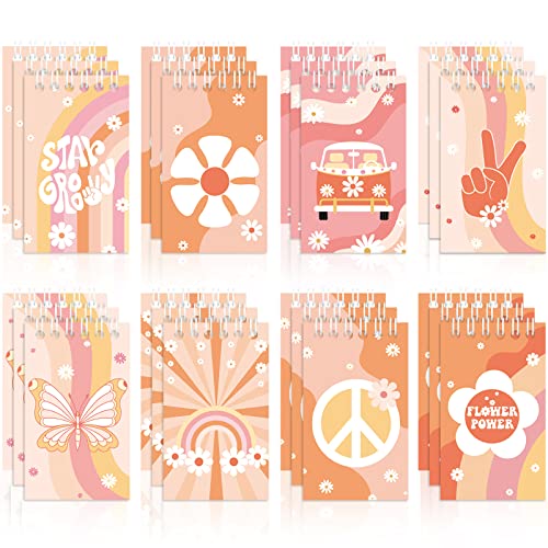 Faccito 24 Pcs Groovy Hippie Notebook Groovy Retro Hippie Boho Spiral Mini Notepad Groovy Party Small Journal Pocket Notebook for Kid Hippie Boho Groovy Daisy Flower Birthday Party Classroom Supplies