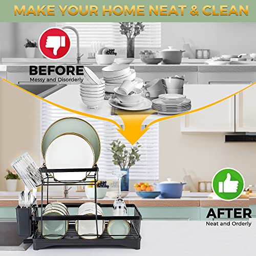 Carbon Steel Dish Drying Rack for Kitchen Counter, 2-Tier Dish Racks with Drainboard, Large Capacity Dish Drainer Organizer Shelf with Utensil Holder, Wine Glass Holder（Black）