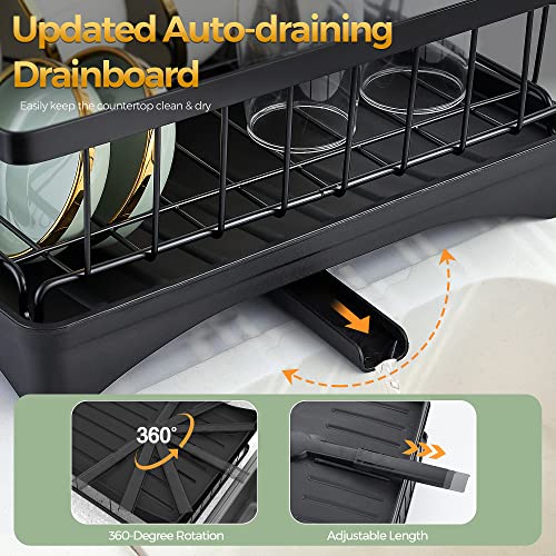 Carbon Steel Dish Drying Rack for Kitchen Counter, 2-Tier Dish Racks with Drainboard, Large Capacity Dish Drainer Organizer Shelf with Utensil Holder, Wine Glass Holder（Black）