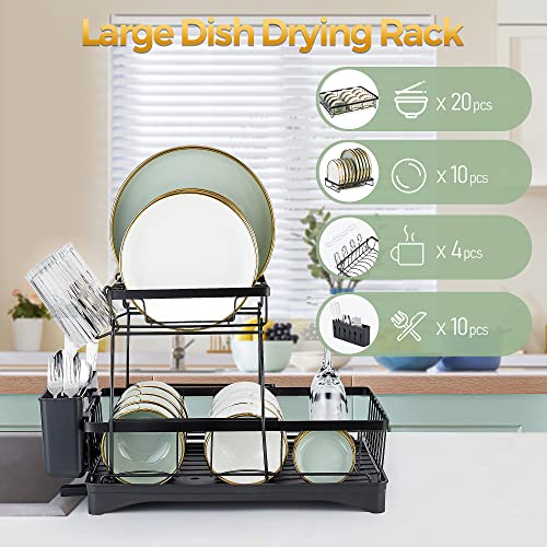 Carbon Steel Dish Drying Rack for Kitchen Counter, 2-Tier Dish Racks with Drainboard, Large Capacity Dish Drainer Organizer Shelf with Utensil Holder, Wine Glass Holder（Black）