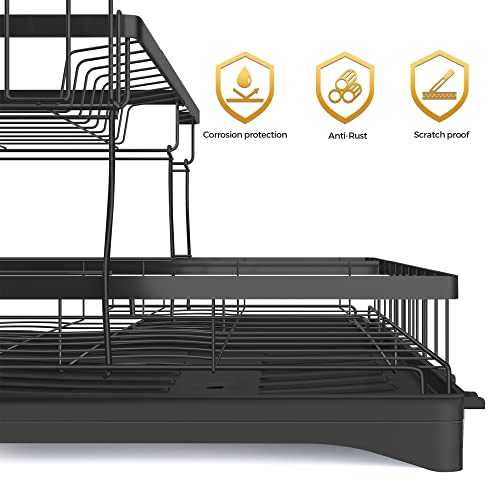 Carbon Steel Dish Drying Rack for Kitchen Counter, 2-Tier Dish Racks with Drainboard, Large Capacity Dish Drainer Organizer Shelf with Utensil Holder, Wine Glass Holder（Black）