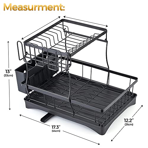 Carbon Steel Dish Drying Rack for Kitchen Counter, 2-Tier Dish Racks with Drainboard, Large Capacity Dish Drainer Organizer Shelf with Utensil Holder, Wine Glass Holder（Black）