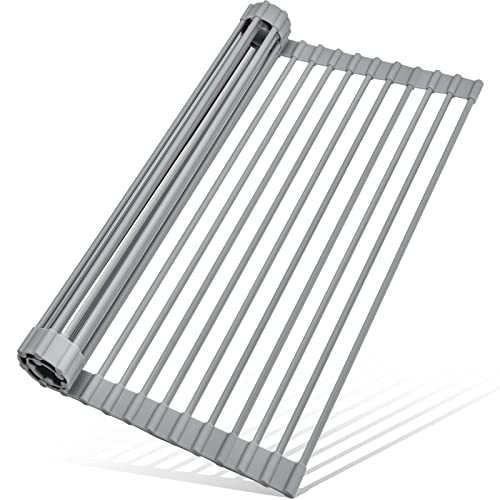 MERRYBOX Roll Up Dish Drying Rack, Silicone Wrapped Over The Sink Dish Rack Foldable Dish Drainer Anti-Slip Dish Racks for Kitchen Counter, Multipurpose Kitchen Sink Drying Rack, 17" x 13", Light Gray