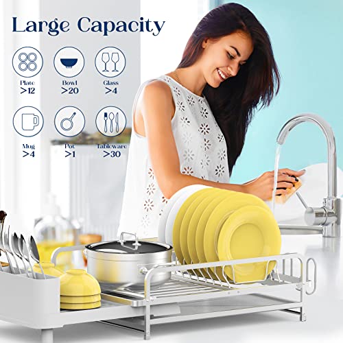 ACMETOP Dish Drying Rack 19" to 27" Expandable Large Capacity Dish Rack Heavy Duty Dish Drainer with Removable Cutlery Rack Cup Holder Aluminium Dish Racks for Kitchen Counter
