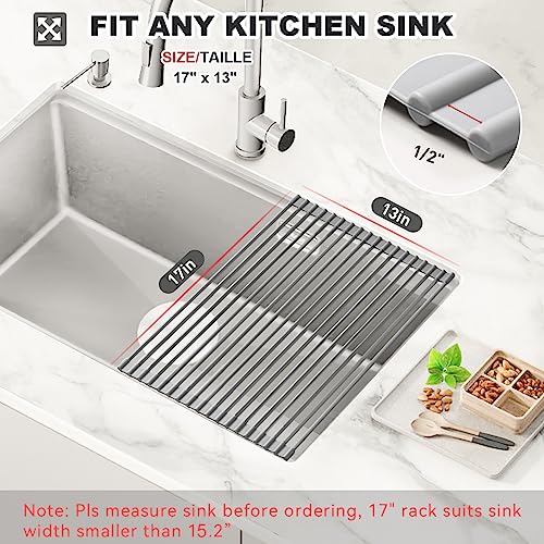 MERRYBOX Roll Up Dish Drying Rack, Silicone Wrapped Over The Sink Dish Rack Foldable Dish Drainer Anti-Slip Dish Racks for Kitchen Counter, Multipurpose Kitchen Sink Drying Rack, 17" x 13", Light Gray