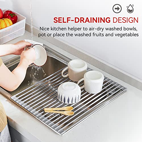 MERRYBOX Roll Up Dish Drying Rack, Silicone Wrapped Over The Sink Dish Rack Foldable Dish Drainer Anti-Slip Dish Racks for Kitchen Counter, Multipurpose Kitchen Sink Drying Rack, 17" x 13", Light Gray