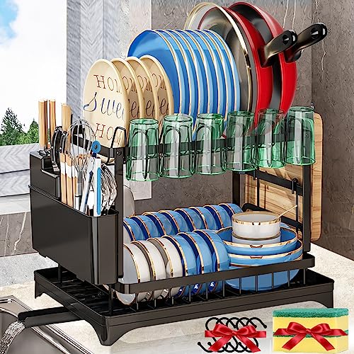 Dish Drying Rack,Dish Rack for Kitchen Counter,2 Tier Large Dish Drying Rack with Drainboard Stainless Steel Dish Drainer with Drainage Utensil Holder for Dish/Knifes/Cup/Cutting Board(16.6*12*13 IN)