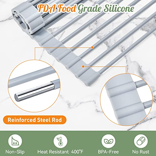 MERRYBOX Roll Up Dish Drying Rack, Silicone Wrapped Over The Sink Dish Rack Foldable Dish Drainer Anti-Slip Dish Racks for Kitchen Counter, Multipurpose Kitchen Sink Drying Rack, 17" x 13", Light Gray