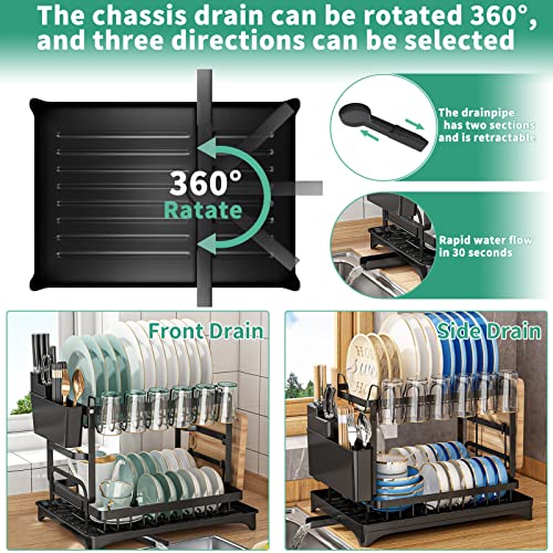 Dish Drying Rack,Dish Rack for Kitchen Counter,2 Tier Large Dish Drying Rack with Drainboard Stainless Steel Dish Drainer with Drainage Utensil Holder for Dish/Knifes/Cup/Cutting Board(16.6*12*13 IN)