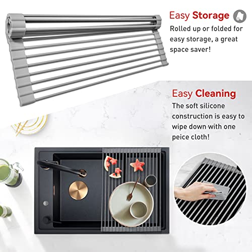 MERRYBOX Roll Up Dish Drying Rack, Silicone Wrapped Over The Sink Dish Rack Foldable Dish Drainer Anti-Slip Dish Racks for Kitchen Counter, Multipurpose Kitchen Sink Drying Rack, 17" x 13", Light Gray