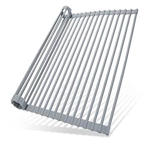 Ohuhu Over Sink Dish Drying Rack 17.6" L x 15.4" W Large Roll Up Drainer Foldable Rolling Mat Dryer Roll Out RV Drain - Silicone Coated Steel Multipurpose Space Saving for Kitchen Counter Anti-Slip