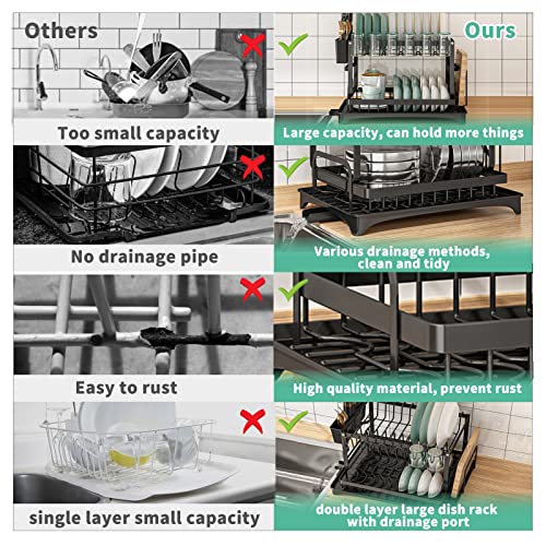 Dish Drying Rack,Dish Rack for Kitchen Counter,2 Tier Large Dish Drying Rack with Drainboard Stainless Steel Dish Drainer with Drainage Utensil Holder for Dish/Knifes/Cup/Cutting Board(16.6*12*13 IN)