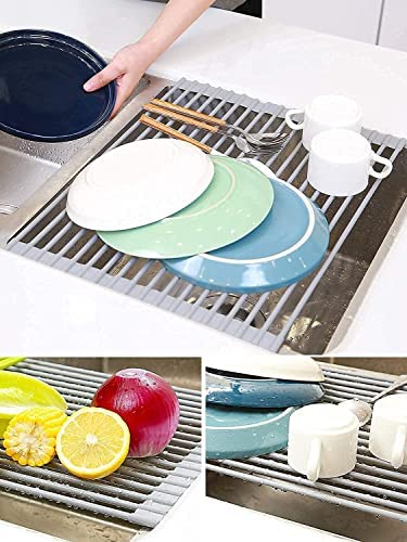 Ohuhu Over Sink Dish Drying Rack 17.6" L x 15.4" W Large Roll Up Drainer Foldable Rolling Mat Dryer Roll Out RV Drain - Silicone Coated Steel Multipurpose Space Saving for Kitchen Counter Anti-Slip