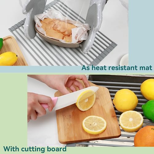 Ohuhu Over Sink Dish Drying Rack 17.6" L x 15.4" W Large Roll Up Drainer Foldable Rolling Mat Dryer Roll Out RV Drain - Silicone Coated Steel Multipurpose Space Saving for Kitchen Counter Anti-Slip