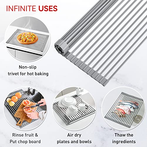 MERRYBOX Roll Up Dish Drying Rack, Silicone Wrapped Over The Sink Dish Rack Foldable Dish Drainer Anti-Slip Dish Racks for Kitchen Counter, Multipurpose Kitchen Sink Drying Rack, 17" x 13", Light Gray