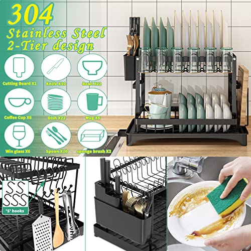 Dish Drying Rack,Dish Rack for Kitchen Counter,2 Tier Large Dish Drying Rack with Drainboard Stainless Steel Dish Drainer with Drainage Utensil Holder for Dish/Knifes/Cup/Cutting Board(16.6*12*13 IN)