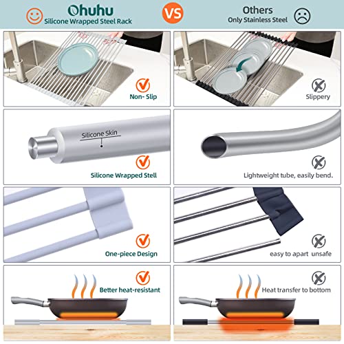Ohuhu Over Sink Dish Drying Rack 17.6" L x 15.4" W Large Roll Up Drainer Foldable Rolling Mat Dryer Roll Out RV Drain - Silicone Coated Steel Multipurpose Space Saving for Kitchen Counter Anti-Slip