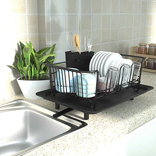 Klvied Dish Drying Rack with Swivel Spout, Drainboard, Dish Drainers / Strainer for Kitchen Counter with Removable Utensil Holder in Sink , Stainless Steel , Black