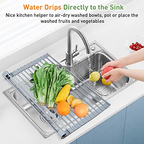 MERRYBOX Roll Up Dish Drying Rack, Silicone Wrapped Over The Sink Dish Rack Foldable Dish Drainer Anti-Slip Dish Racks for Kitchen Counter, Multipurpose Kitchen Sink Drying Rack, 17" x 13", Light Gray