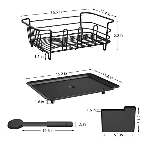 Klvied Dish Drying Rack with Swivel Spout, Drainboard, Dish Drainers / Strainer for Kitchen Counter with Removable Utensil Holder in Sink , Stainless Steel , Black