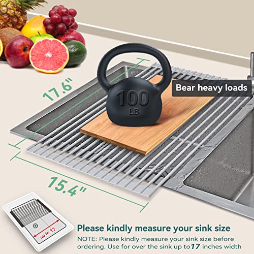 Ohuhu Over Sink Dish Drying Rack 17.6" L x 15.4" W Large Roll Up Drainer Foldable Rolling Mat Dryer Roll Out RV Drain - Silicone Coated Steel Multipurpose Space Saving for Kitchen Counter Anti-Slip