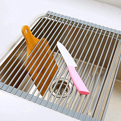 Ohuhu Over Sink Dish Drying Rack 17.6" L x 15.4" W Large Roll Up Drainer Foldable Rolling Mat Dryer Roll Out RV Drain - Silicone Coated Steel Multipurpose Space Saving for Kitchen Counter Anti-Slip