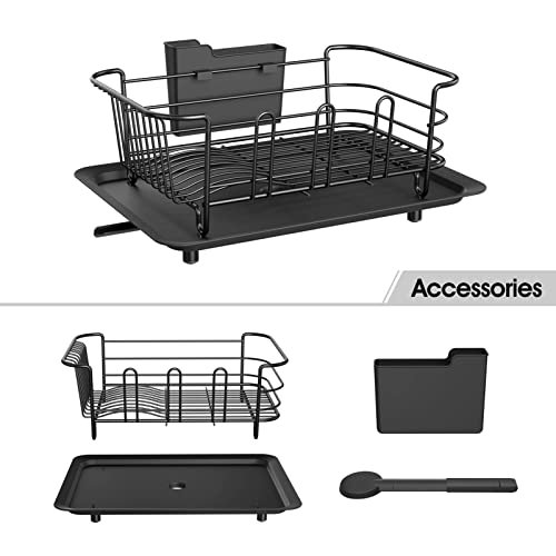 Klvied Dish Drying Rack with Swivel Spout, Drainboard, Dish Drainers / Strainer for Kitchen Counter with Removable Utensil Holder in Sink , Stainless Steel , Black
