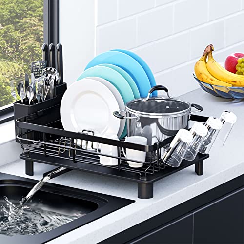 TYigao Dish Racks for Kitchen Counter, Dish Drainer with Removable Utensil Holder,Durable Stainless Steel Dish Drying Rack Set with Drainboardand Swivel Spout