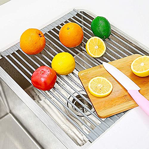 Ohuhu Over Sink Dish Drying Rack 17.6" L x 15.4" W Large Roll Up Drainer Foldable Rolling Mat Dryer Roll Out RV Drain - Silicone Coated Steel Multipurpose Space Saving for Kitchen Counter Anti-Slip