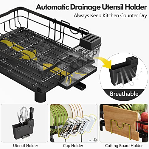 BOOSINY Dish Racks for Kitchen Counter, Dish Drying Rack with Utensil Holder, 2 Tier Dish Drainer and Darinboard Set with Cup Holder, Cutting-Board Holder and Drying Mat (Black)