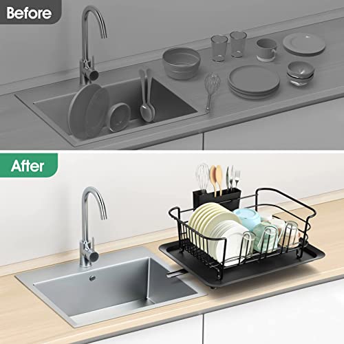 Klvied Dish Drying Rack with Swivel Spout, Drainboard, Dish Drainers / Strainer for Kitchen Counter with Removable Utensil Holder in Sink , Stainless Steel , Black