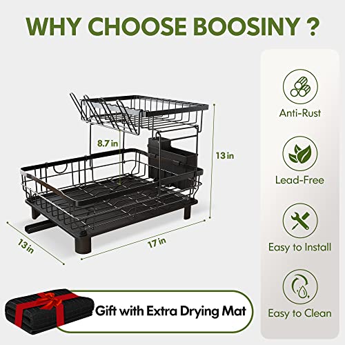 BOOSINY Dish Racks for Kitchen Counter, Dish Drying Rack with Utensil Holder, 2 Tier Dish Drainer and Darinboard Set with Cup Holder, Cutting-Board Holder and Drying Mat (Black)