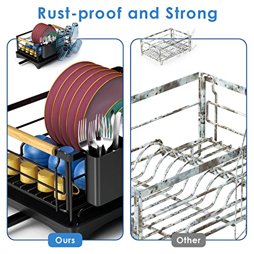 G-TING Dish Drying Rack, Dish Rack for Kitchen Counter, Rust-Proof Dish Drainer with Drying Board and Utensil Holder for Kitchen Counter Cabinet, 16.6” L× 12.6”W× 7.8”H, Black