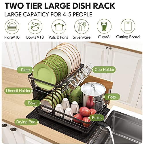 BOOSINY Dish Racks for Kitchen Counter, Dish Drying Rack with Utensil Holder, 2 Tier Dish Drainer and Darinboard Set with Cup Holder, Cutting-Board Holder and Drying Mat (Black)